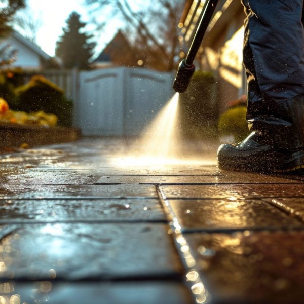 an individual cleaning the driveway with a spray.